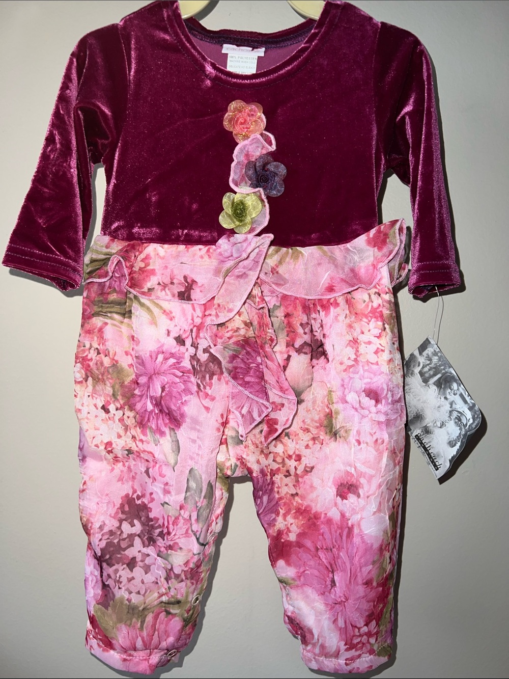 Cach Cach Velvet Top & Floral Chiffon Bubble Romper - Berry Pink 12M